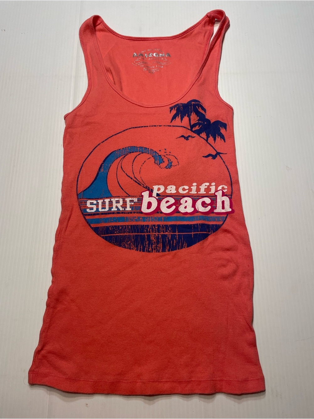 Arizona Coral Pink Ribbed Graphic Tank Top Women Sz M Pacific Surf Beach